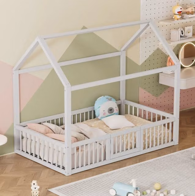 Letto a casetta per bambini 90x200 cm con sponde di sicurezza e porticina; bianco