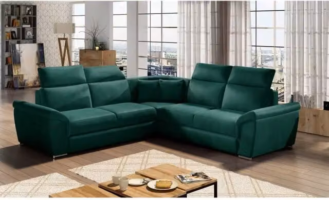Divano ad angolo FREDERICO MEUBLORAMA Verde con vano contenitore, funzione letto e poggiatesta regolabile, L/P/H: 266 x 266 x 102 cm