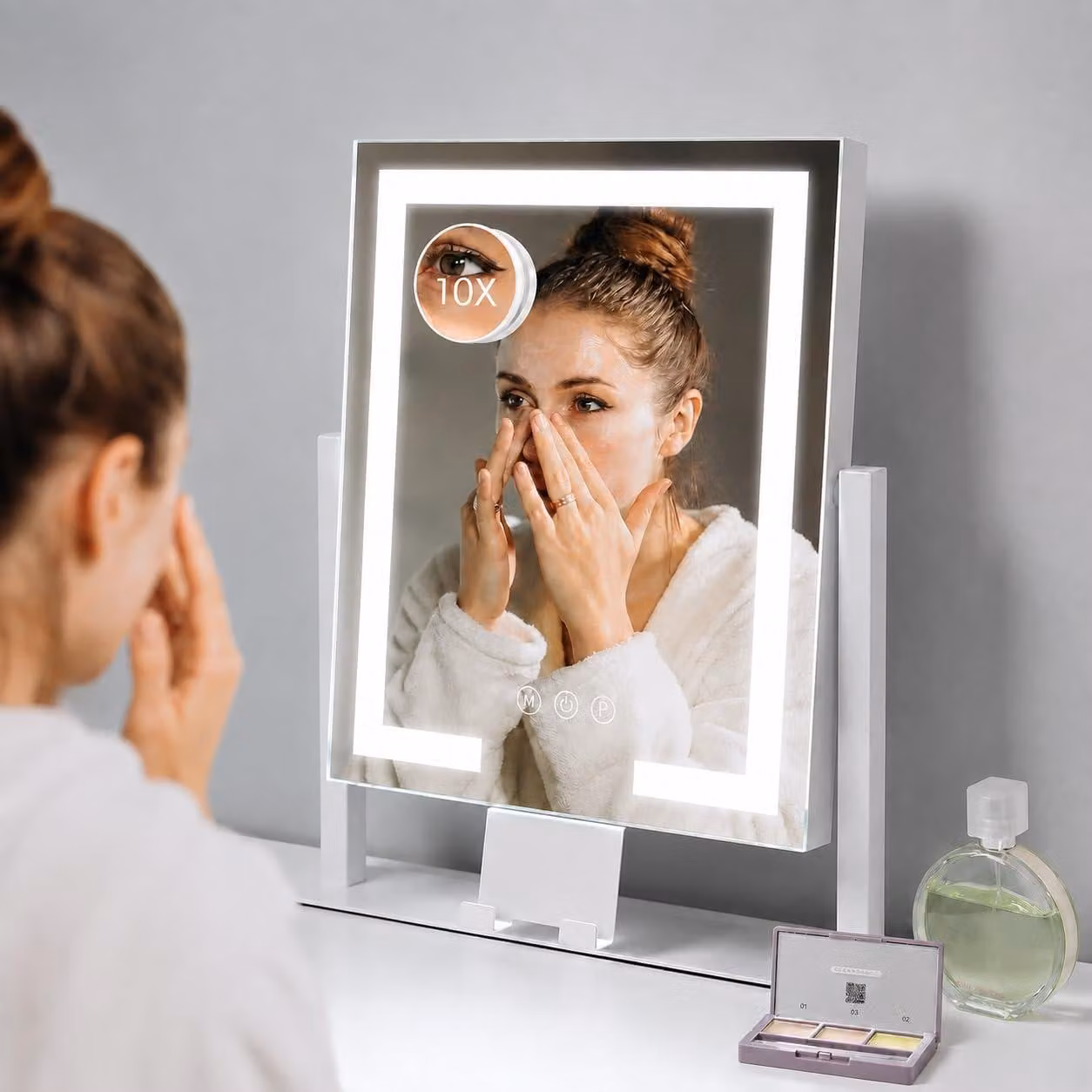 Specchio da trucco con illuminazione a LED, 3 modalità di colore, ingrandimento 10x, colore bianco