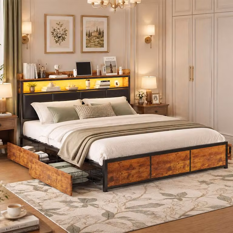 Letto imbottito INONEFT, 140 x 200 cm, letto matrimoniale con 4 cassetti e testiera, letto per adulti con LED e rete a doghe, imbottito, realizzato in PU
