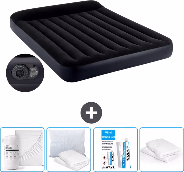 Letto ad aria Intex - 2 persone - 152 x 203 x 25 cm - Blu - Incluso pompa - Lenzuolo di ricambio - Bacio - Kit di riparazione en Protezione cuscino