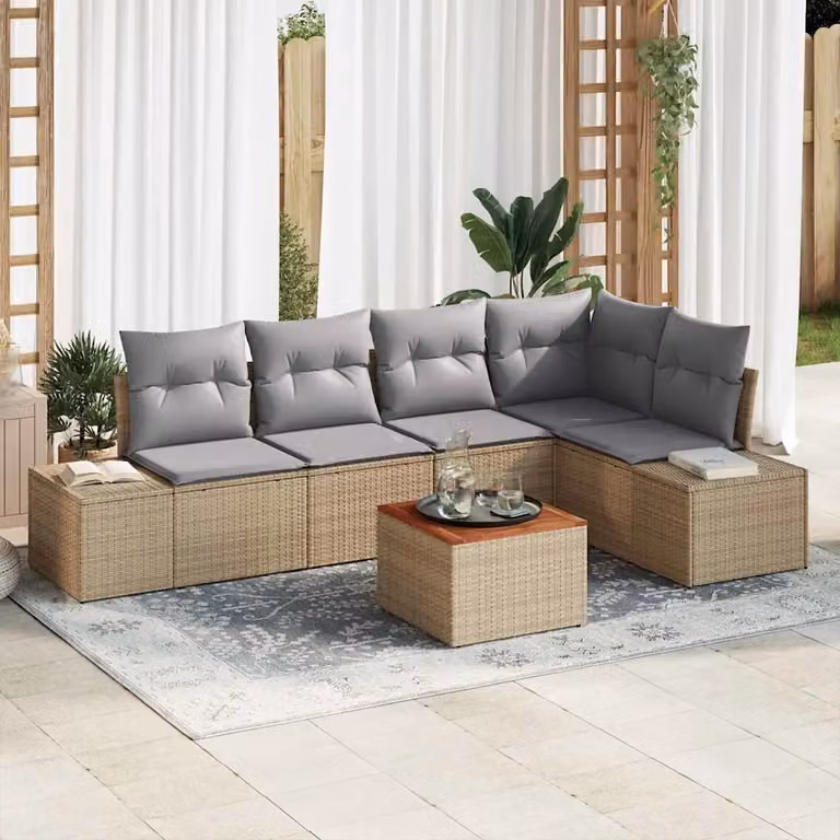 Set Divano da Giardino vidaXL 6 Pezzi a Forma di L in Polyrattan Beige con Cuscini e Tavolino da Esterno