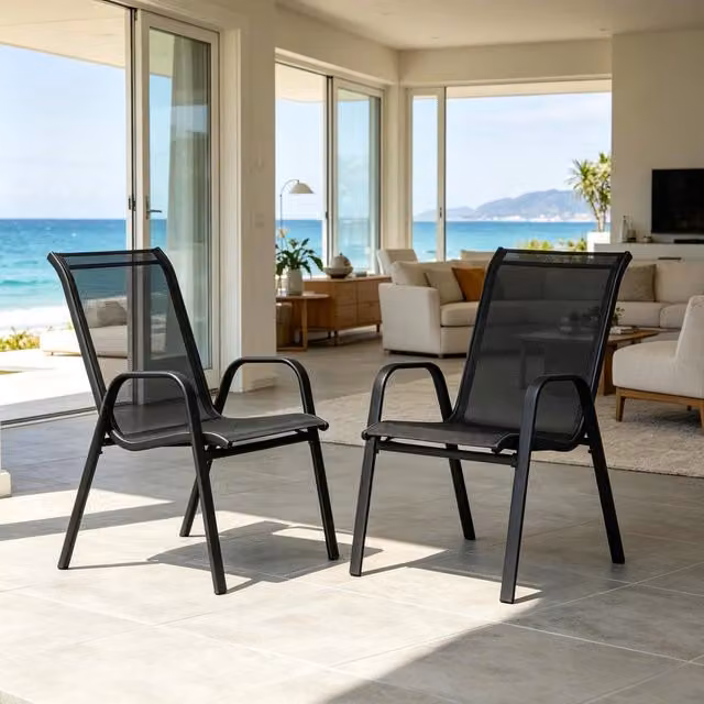 Set da 2 sedie da giardino impilabili OKWISH con braccioli e schienale curvo in metallo e poliestere grigio scuro L: 55 cm, P: 65 cm, H: 92 cm