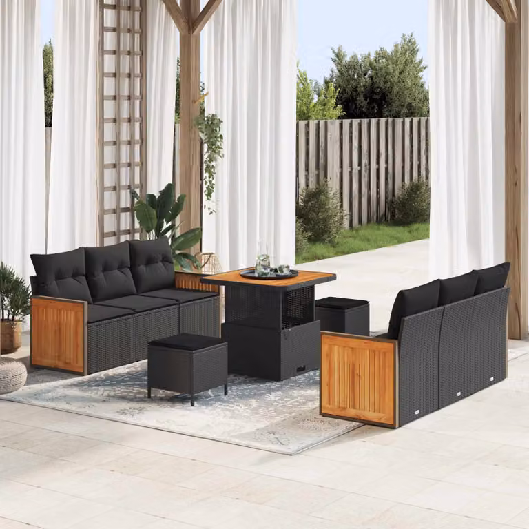 Set Divano da Giardino vidaXL a 9 Pezzi con Tavolino e Ottoman, Design Moderno a Forma di U, Colore Nero