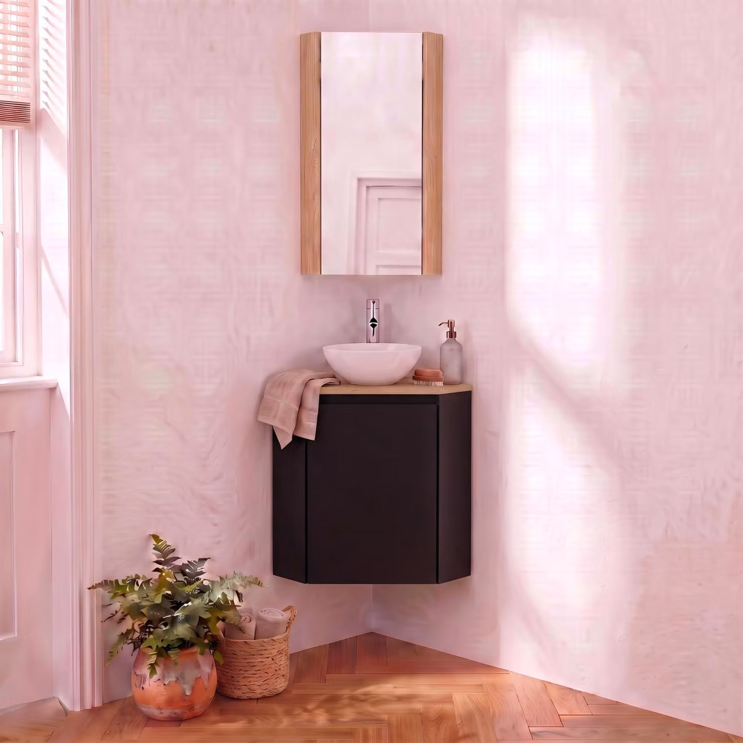 Set lavamani ad angolo con lavabo, rubinetto e pensile da bagno SORRENTO