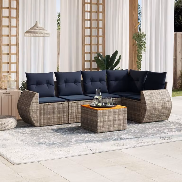 Set di divani da giardino vidaXL in polyrattan grigio con cuscini e tavolino da esterno a forma di L