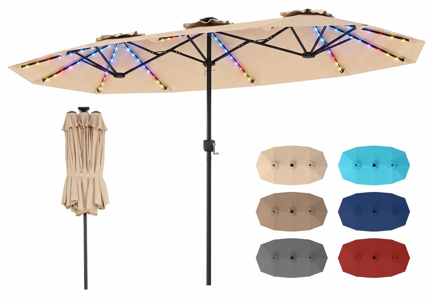 Ombrellone doppio COSTWAY 375x200 cm, ombrellone da giardino con illuminazione solare a LED, 12 modalità di illuminazione, 2 opzioni di ricarica e manovella, ombrellone da terrazza beige