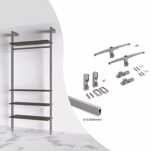Kit di supporto Emuca Zero per 4 ripiani in legno e 1 barra di sospensione da 1 m in alluminio e plastica, colore Grigio Pietra e Nero