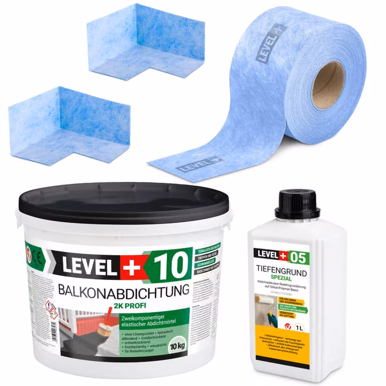Set per impermeabilizzazione Malta sigillante 2K 10kg Primer 1l Nastro B04 10m Angoli LEVEL+SET27
