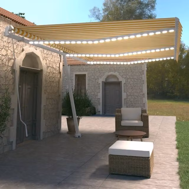 Tenda da Sole Retrattile Manuale LED 600x350 cm Giallo Bianco 3069683