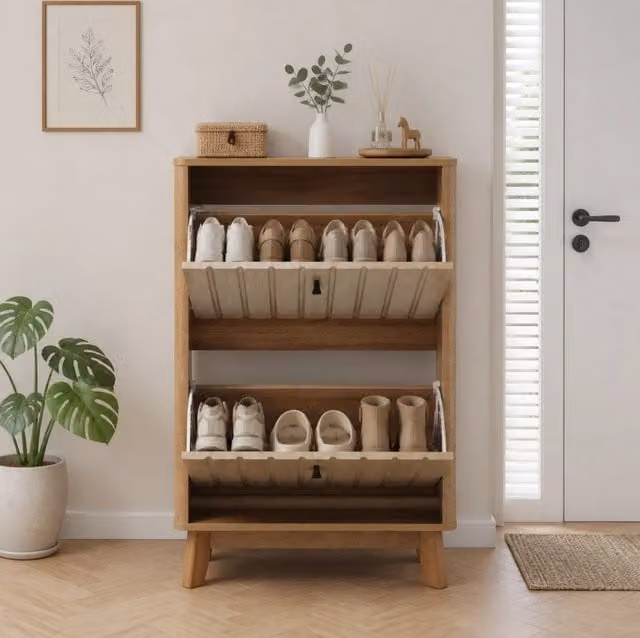 Scarpiera color rovere con ante e ripiani regolabili