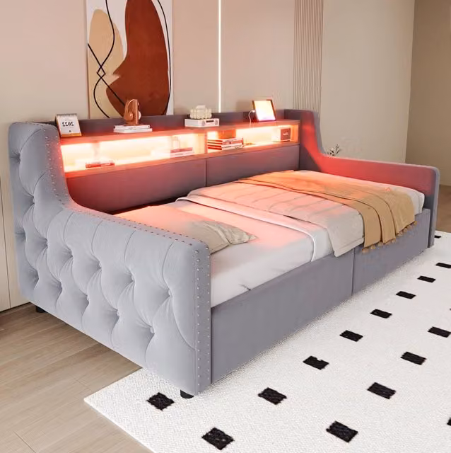 Divano letto 90x200 cm; contenitore idraulico e LED; velluto grigio chiaro