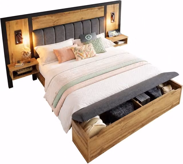 Letto matrimoniale 160x200 cm in MDF e metallo con luci da lettura; USB-C e panca contenitore; rovere
