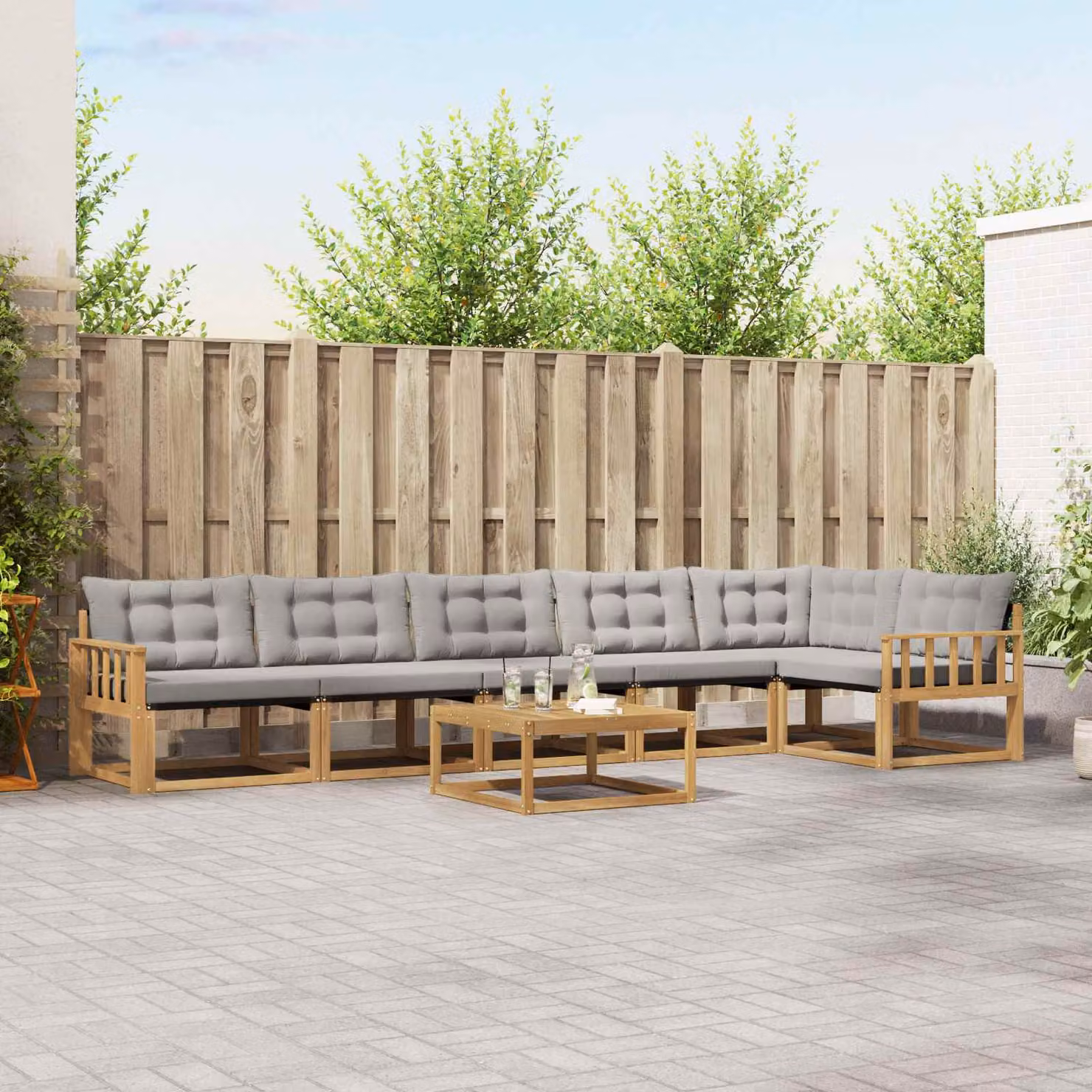 Set di divani da esterno vidaXL 7 pz in legno di acacia con tavolo da caffè, colore bianco e grigio chiaro