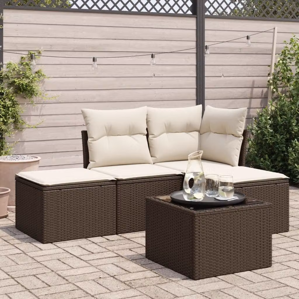 vidaXL Set Divano da Giardino 5 pz a L con Cuscini Marrone e Bianco in Polyrattan e Struttura in Metallo – 1