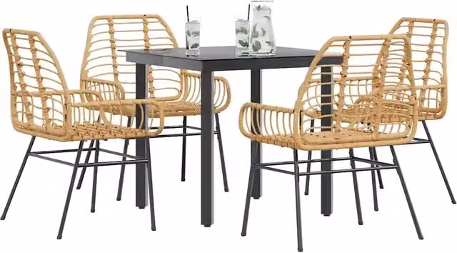 Set da pranzo da giardino moderno vidaXL in polyrattan e vetro con tavolo quadrato, 5 pezzi, nero e marrone