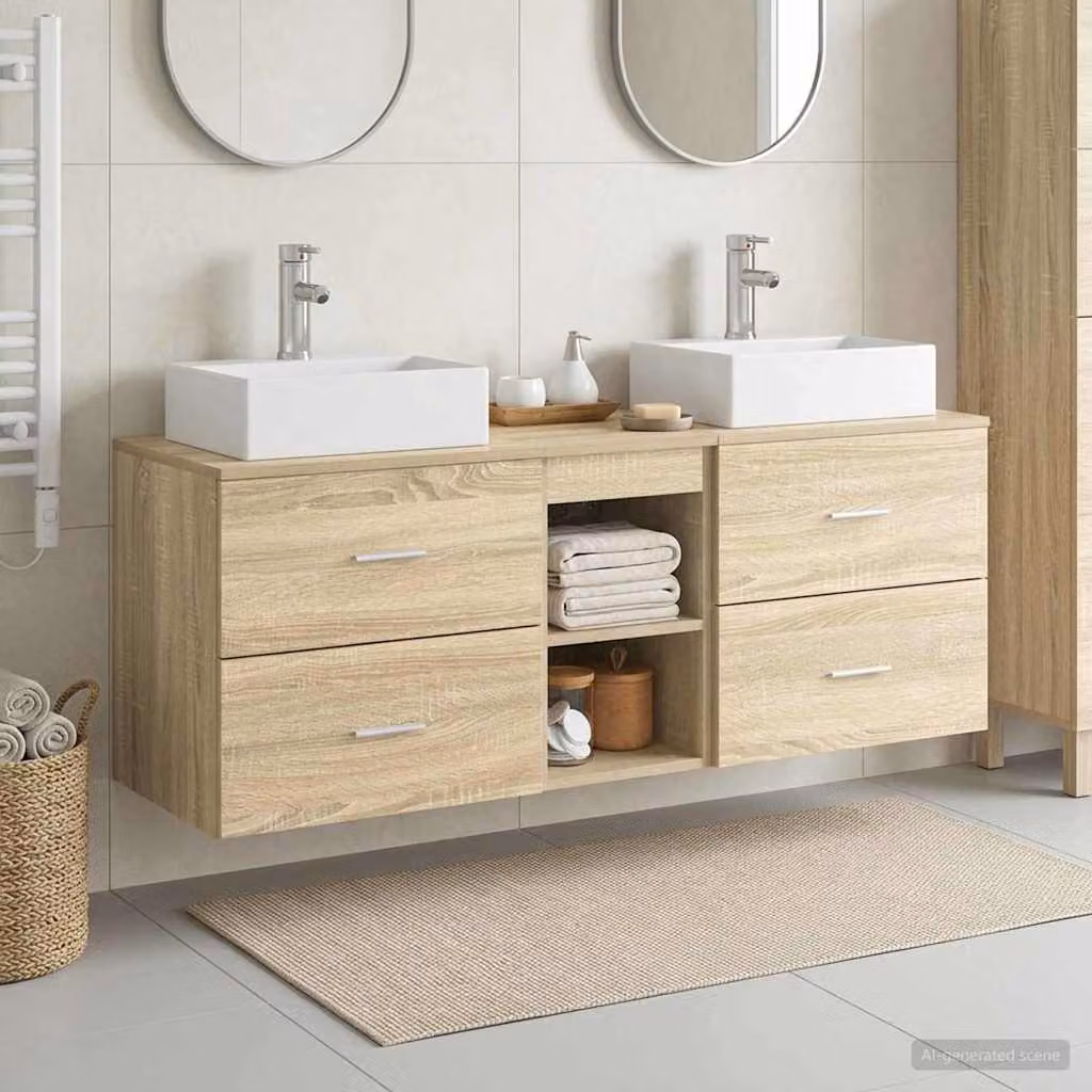 Set di 3 mobili da bagno moderni vidaXL in legno rovere marrone, sospesi, L: 129 cm, P: 41 cm, H: 79,5 cm