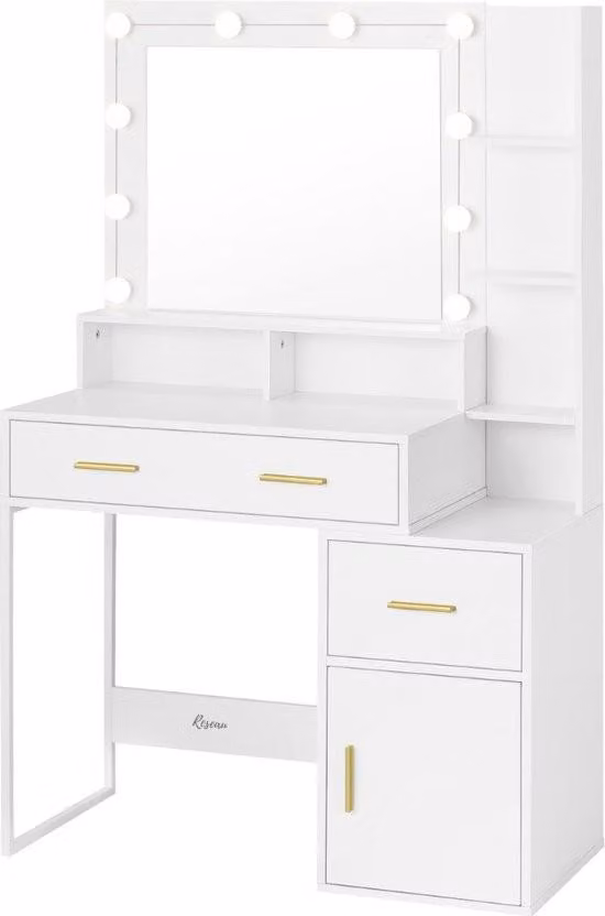 Tavolo da toilette - Con specchio e illuminazione - Tavolo da toilette - Tavolo da toilette - Hollywood - 90x40x143 cm - Lampade LED - Bianco