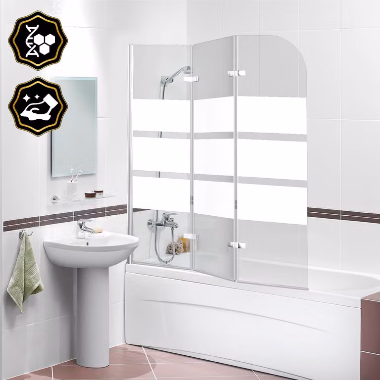 Pannello doccia Ikodm per vasca da bagno, 120 x 140 cm, composto da 3 elementi pieghevoli per vasca, realizzato in vetro temperato di sicurezza da 6 mm, con apertura a 180°, e dotato di strisce bianche