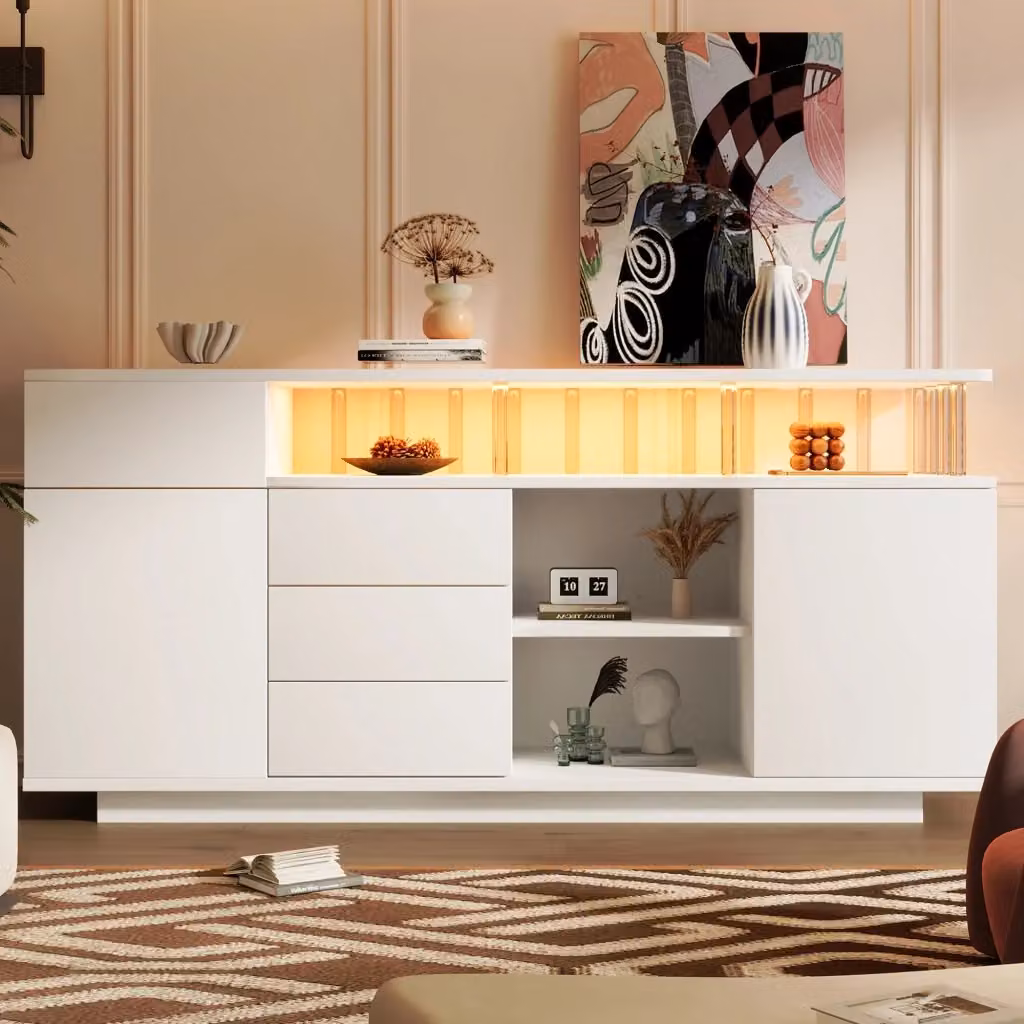 Credenza e madia moderna con illuminazione LED, 4 cassetti, 2 ante e ripiani regolabili in MDF bianco per soggiorno e cucina, L 160 x P 40 x H 75 cm – 2