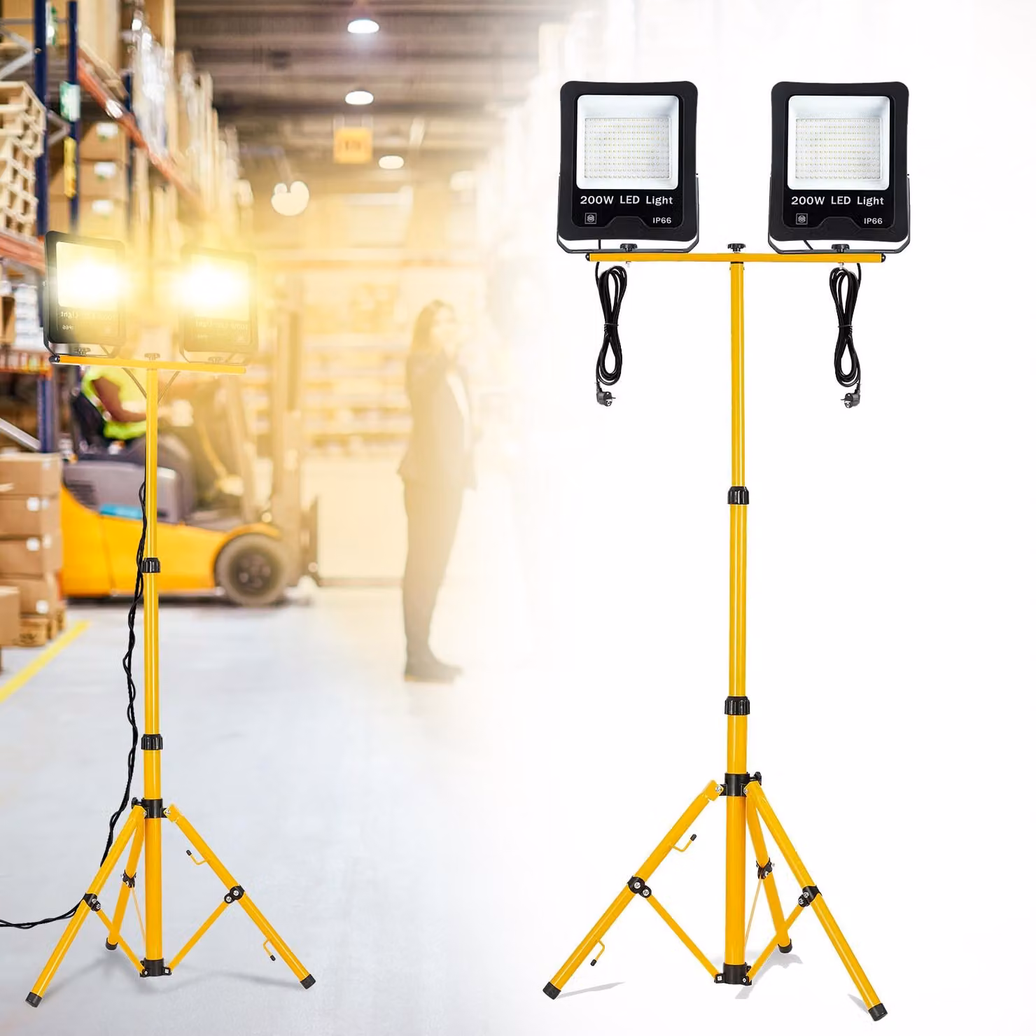 VA-Cerulean: Faretto da cantiere LED da 2x 200W con treppiede telescopico, luce bianco caldo, grado di protezione IP66, cavo da 3 metri, ideale per illuminazione esterna e officine
