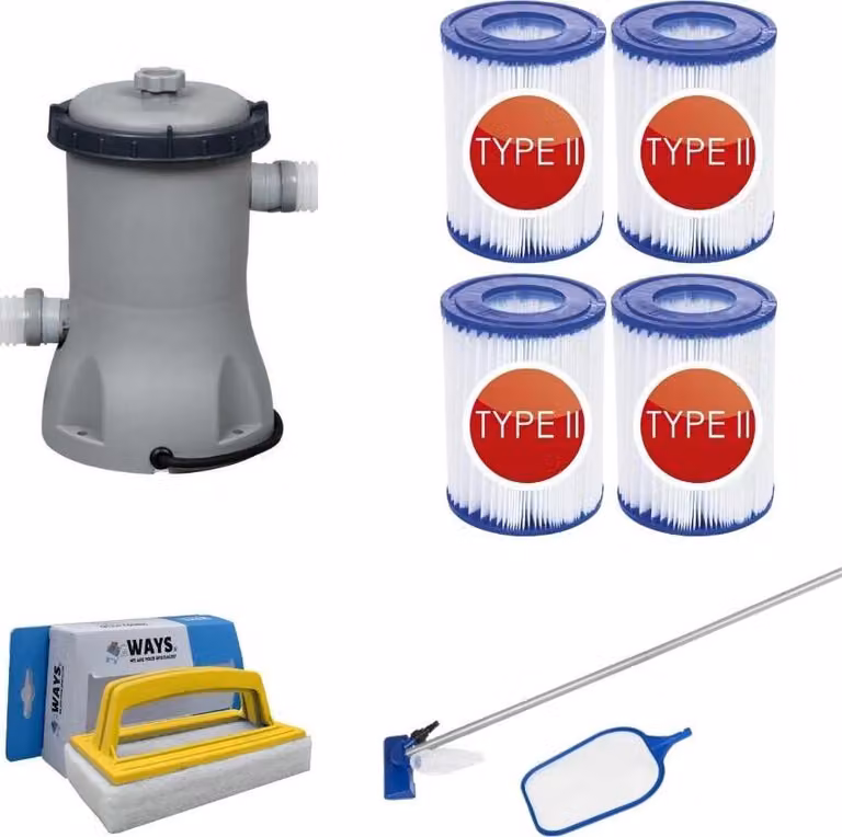 Bestway - Set di manutenzione & pompa filtro 2006 L/u & 4 filtri tipo II & spazzola WAYS