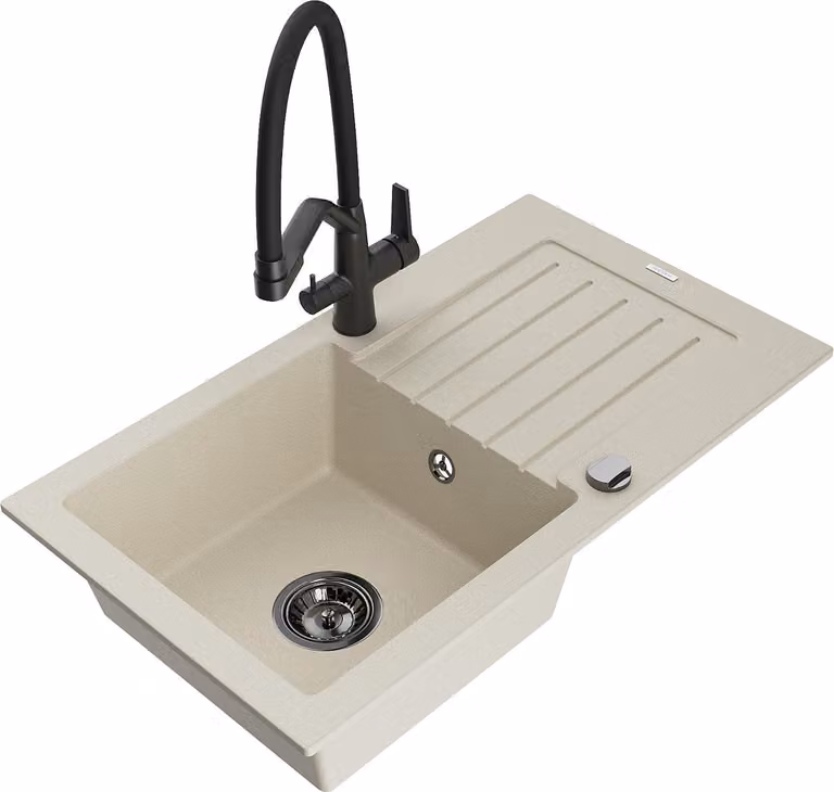 Mexen Pablo lavello in granito a 1 vasca con scolapiatti e miscelatore da cucina Duo, beige - 6510-69-671701-70-B