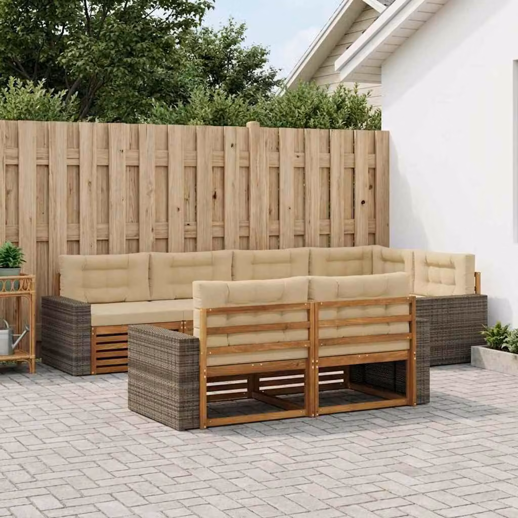 Set di divani da esterno vidaXL 7 pz in legno di acacia con cuscini beige e sabbia a forma di L