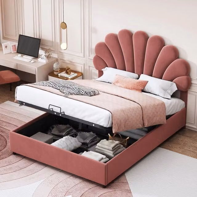 Letto imbottito contenitore ¨C Minimal ¨C Rosa velluto 140x200 cm testiera idraulico rete a doghe