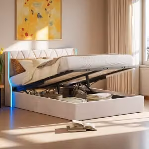 UnboxG Letto imbottito 140x200cm, letto a molle idrauliche con LED, letto contenitore per ragazzi con rete a doghe, letto matrimoniale in legno, beige