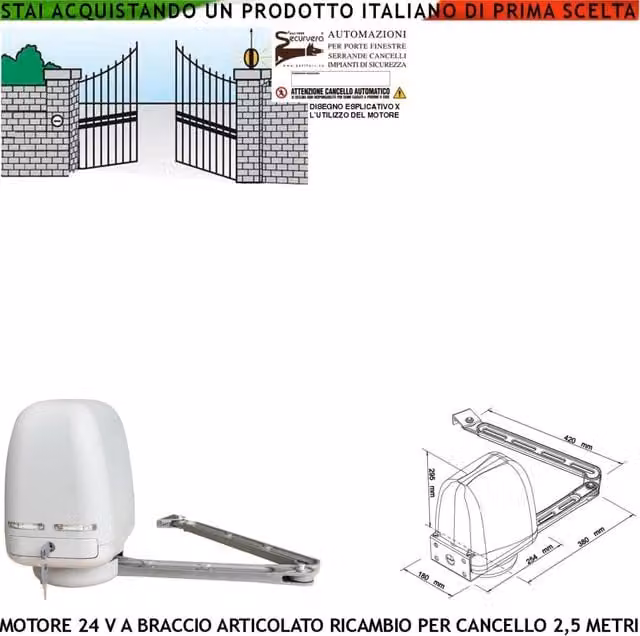 Motore a Braccio Articolato 24 VDC Ricambio Universale per Cancello Automatico ad 1 Anta Battente da 0,5 A 2,5 Metri Spinta 250 Newton Sblocco a Chiave Finecorsa Meccanici Completo di Braccio Staffe
