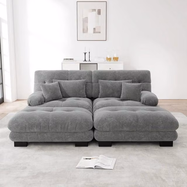 Divano angolare ¨C Minimal ¨C Chenille grigio con braccioli cuscini 2 poggiapiedi