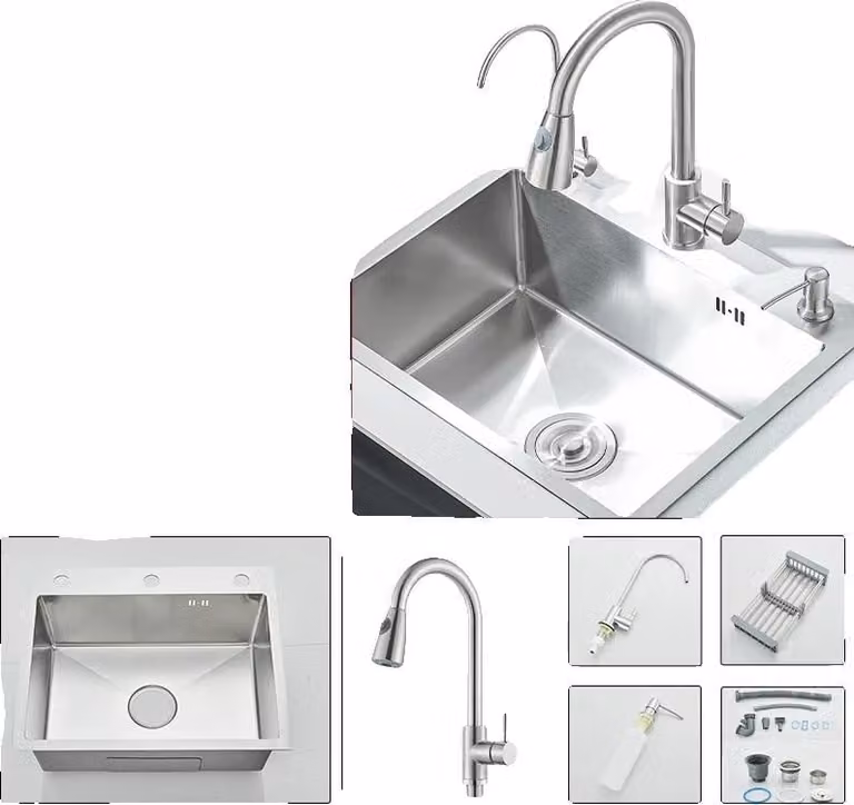 Rubinetto per lavello da cucina, design a vasca singola, struttura in acciaio inox, nichel spazzolato 55X45
