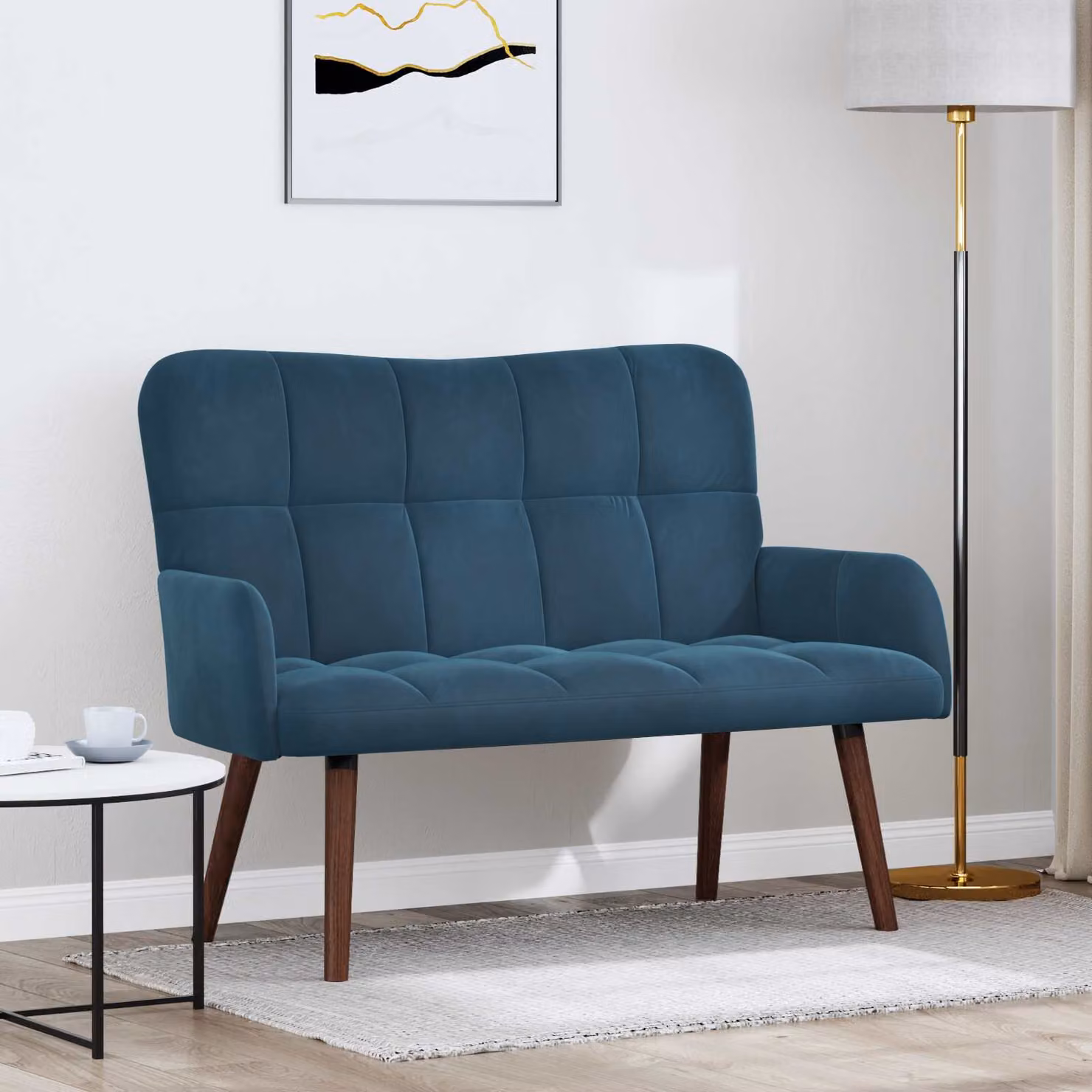 Divano a 2 posti vidaXL in velluto blu, design moderno e lineare, L: 115 cm, P: 61 cm, H: 87 cm