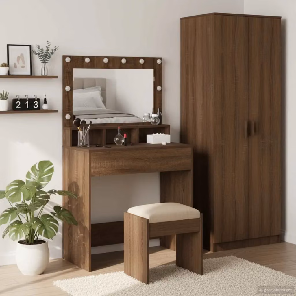 Toeletta con specchio Hollywood LED in Rovere Marrone, L: 75,5 cm, P: 41 cm, H: 135 cm – 2