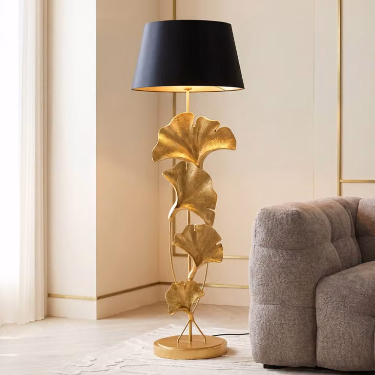 KARE Lampada da terra Ginkgo, Ottone / Oro, Soggiorno / Sala da pranzo, Tessuto / Stoffa / Seta, Moderno, Lampada da terra