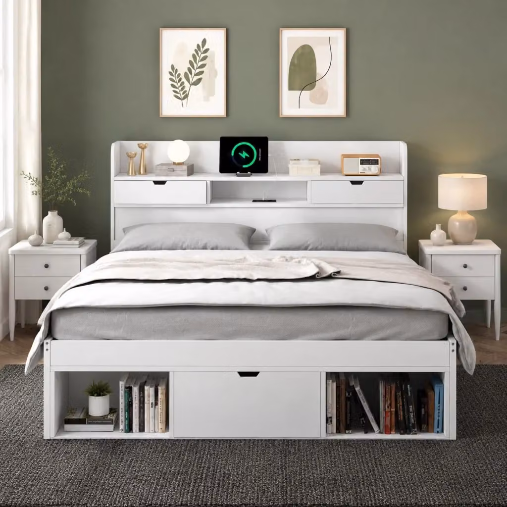 Letto Multifunzione REDOM per Bambini in Pino e MDF Bianco con Cassetti, Ripiano Laterale e Porta USB, L/P: 140 x 200 cm – 2