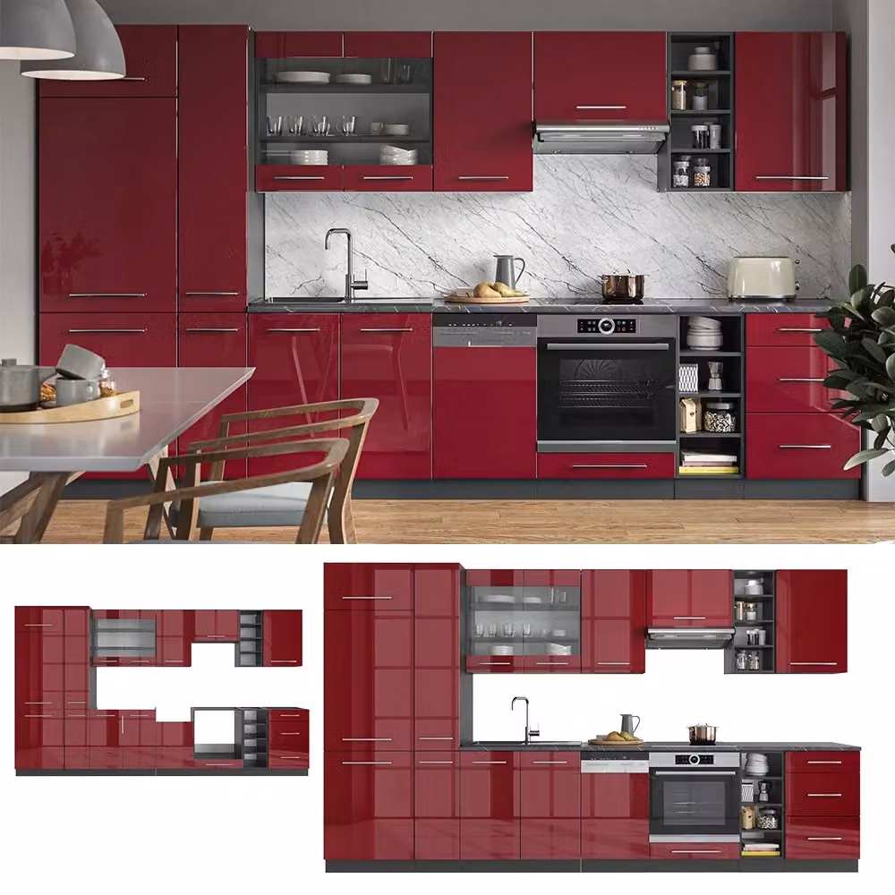 Cucina componibile moderna Vicco Fame-Line Bordeaux lucido e Antracite, L: 355 cm – 2