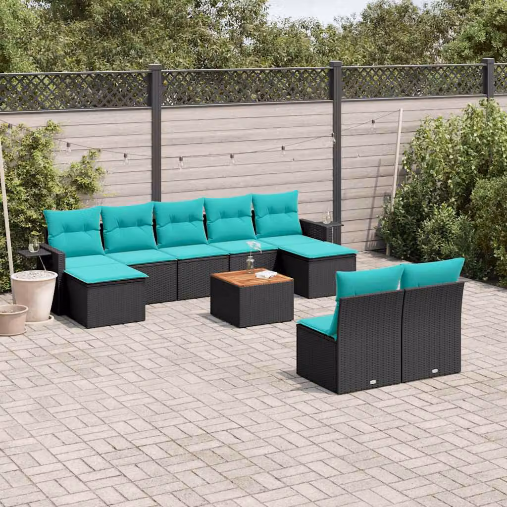 Set di divani da giardino vidaXL in polyrattan nero con 10 pezzi, composto da divani, pouf, tavolino e cuscini con rivestimenti rimovibili