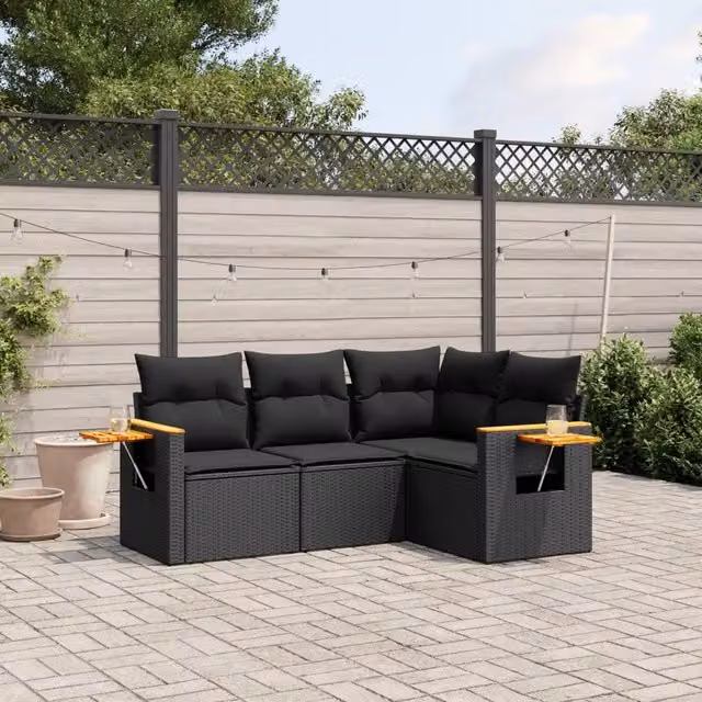 Set Divani da Giardino 4 pz con Cuscini Nero in Polyrattan 3226769