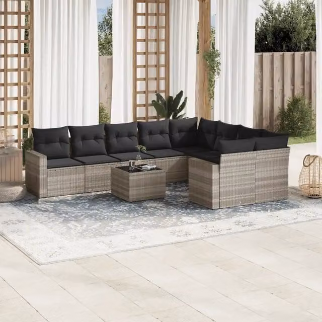 Set Divano Giardino 10 pz con Cuscini Grigio Chiaro Polyrattan 3251789