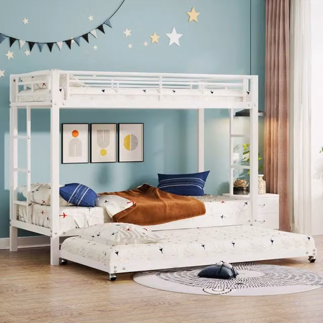 Letto a castello in metallo 90x200 cm con letto estraibile su ruote e sponde alte, bianco