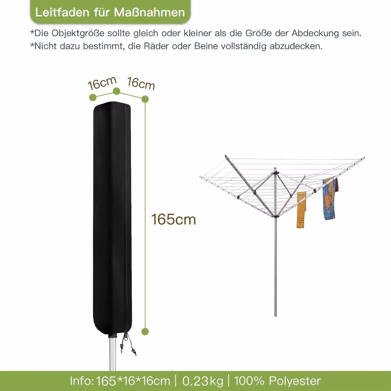 Copertura protettiva per stendibiancheria, impermeabile, resistente ai raggi UV, in tessuto 420D, colore nero, dimensioni 165x16x16 cm