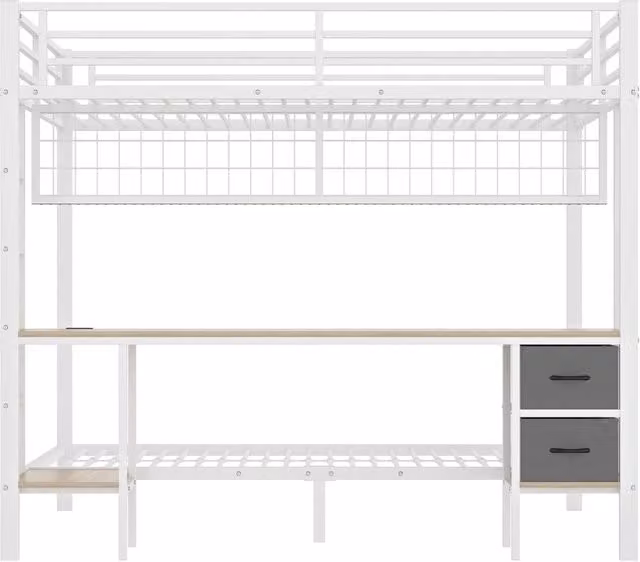 Letto a soppalco matrimoniale Chicfurn bianco con scrivania, cassetti, ripiani, illuminazione LED e porta USB, L/P: 140 x 200 cm – 1