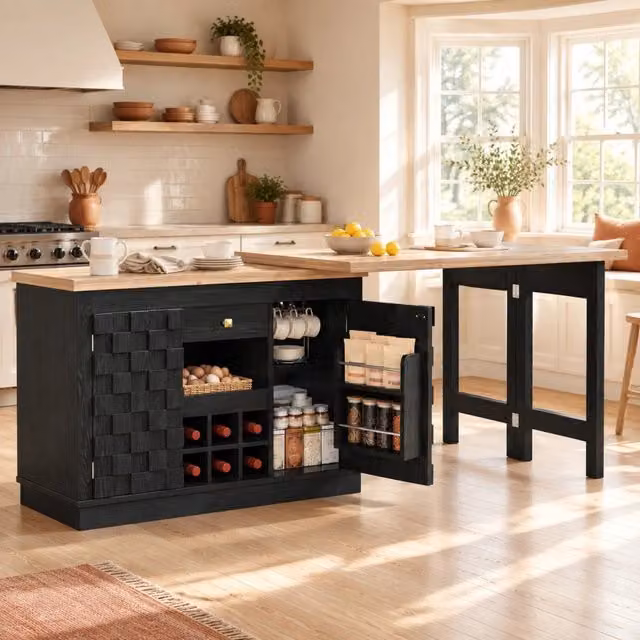Isola cucina girevole con tavolo estensibile e portabottiglie
