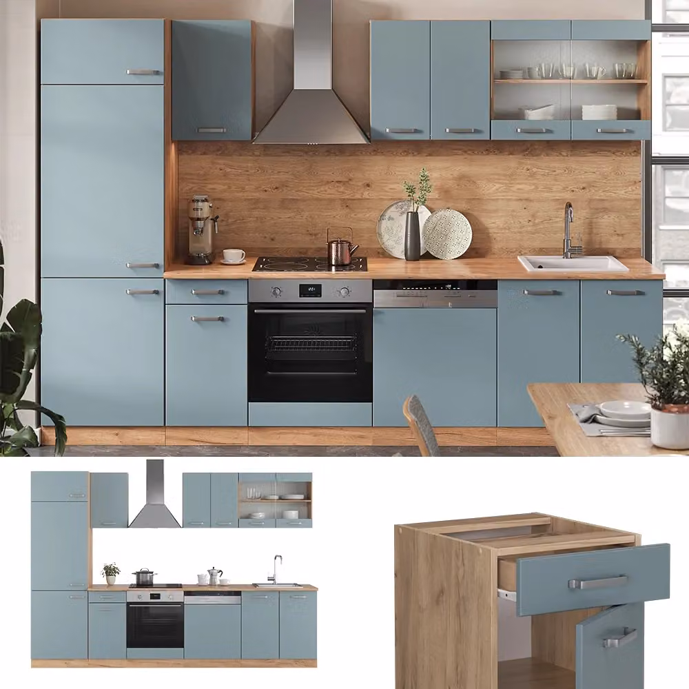 Cucina componibile moderna Vicco R-Line Grigio-blu e Rovere dorato con piano antracite, L: 300 cm – 2