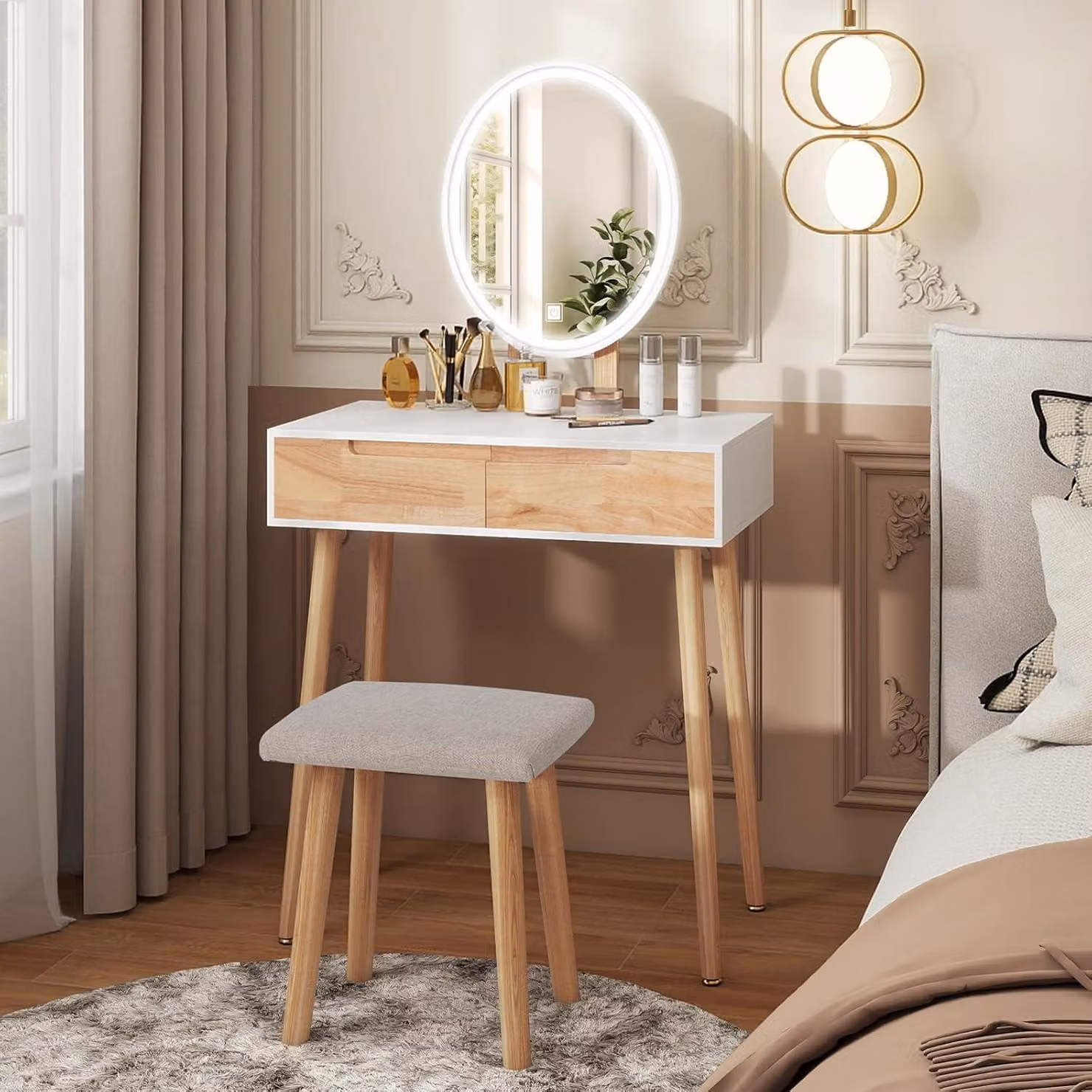 Tavolino da toilette con illuminazione a LED, sedia, specchio, 2 cassetti, luminosità regolabile