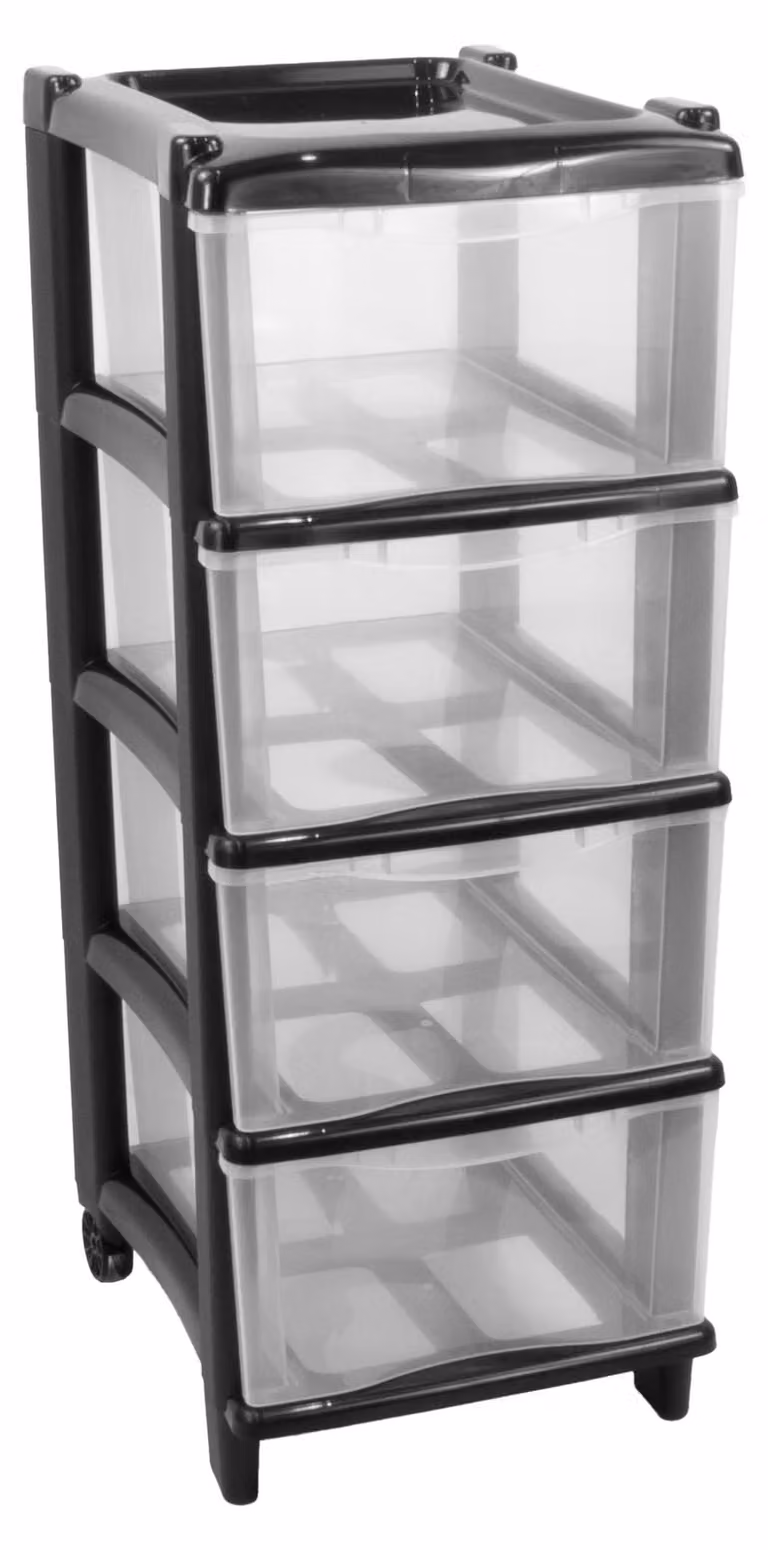 Comodino con 4 cassetti, nero, altezza 76 cm, in plastica, ideale per la camera da letto
