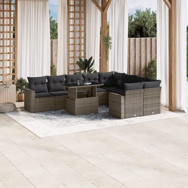 vidaXL Set Divano da Giardino 10 pz a Forma a L in Polyrattan Grigio con Cuscini e Tavolino