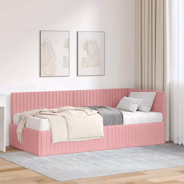 Letto angolare moderno vidaXL con struttura imbottita in velluto rosa e 2 materassi, L/P/H: 90 x 190 x 72 cm
